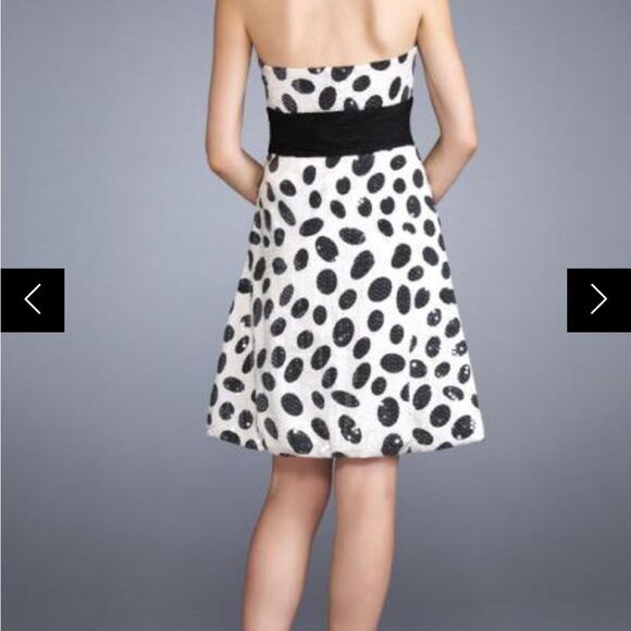 La Femme sequined, printed cocktail dress w/ black waistband + strapless bodice - Picture 2 of 13
